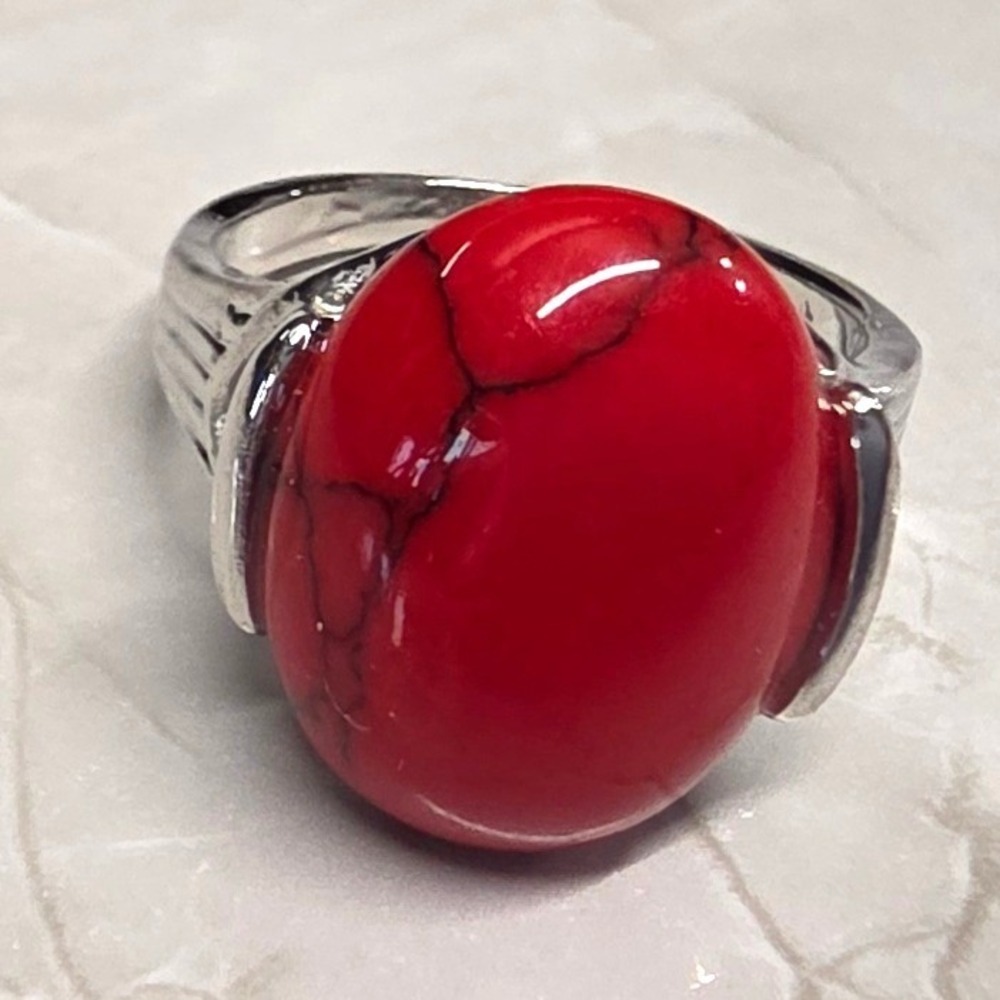 New Ring Size 6.5 Red Faux Oval Stone Silver Tone Plated Band Statement Jewelry